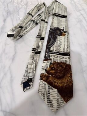 Novelty Stock Market Print Tie with Bear & Bull Motif VTG EUC